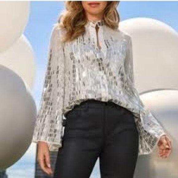 Boston Proper White & Silver Sequin 2 Pc Button-Front Blouse Small NWT - Picture 1 of 8